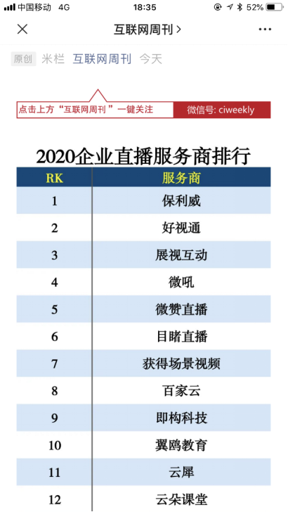 領(lǐng)航視頻產(chǎn)業(yè)藍(lán)海，保利威榮膺2020企業(yè)直播服務(wù)商排行榜榜首