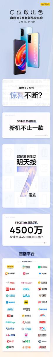 首發(fā)天璣800U千元5G手機？realme 真我X7系列9月1日發(fā)布或?qū)⒂畜@喜
