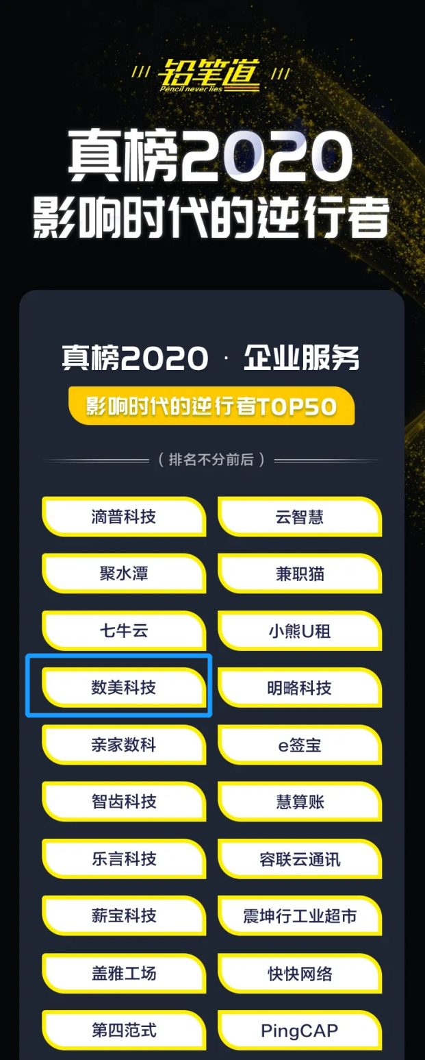 數美科技榮登鉛筆道真榜2020·企業(yè)服務·影響時代的逆行者TOP50
