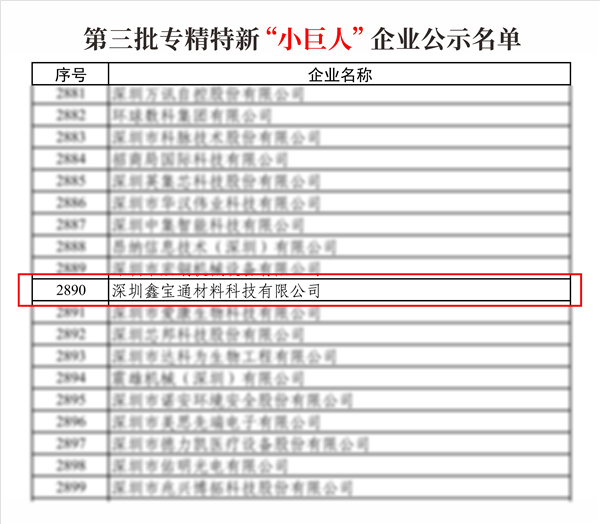 深圳鑫寶通開(kāi)創(chuàng)新材料管道 上榜專精特新“小巨人”企業(yè)名單