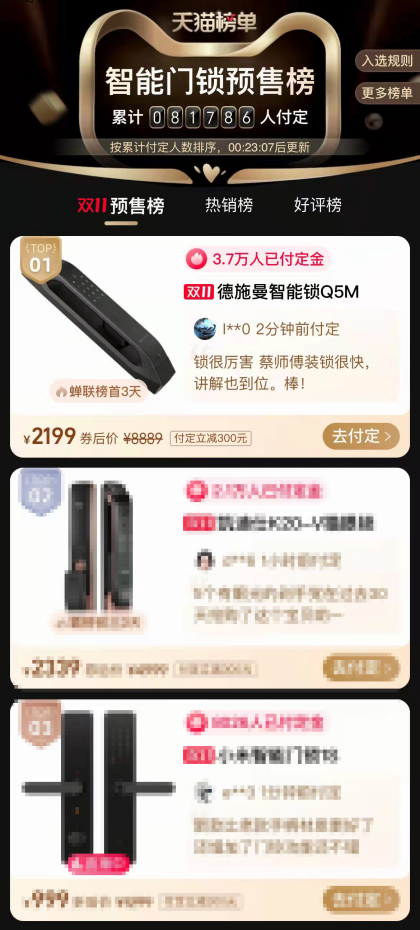 雙11終極榜單：線上總銷售14.2萬(wàn)套！德施曼連續(xù)6年雙11蟬聯(lián)行業(yè)第一