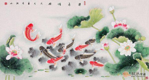 當(dāng)代擅畫九魚圖的畫家，張洪山工筆荷花九魚圖作品大全