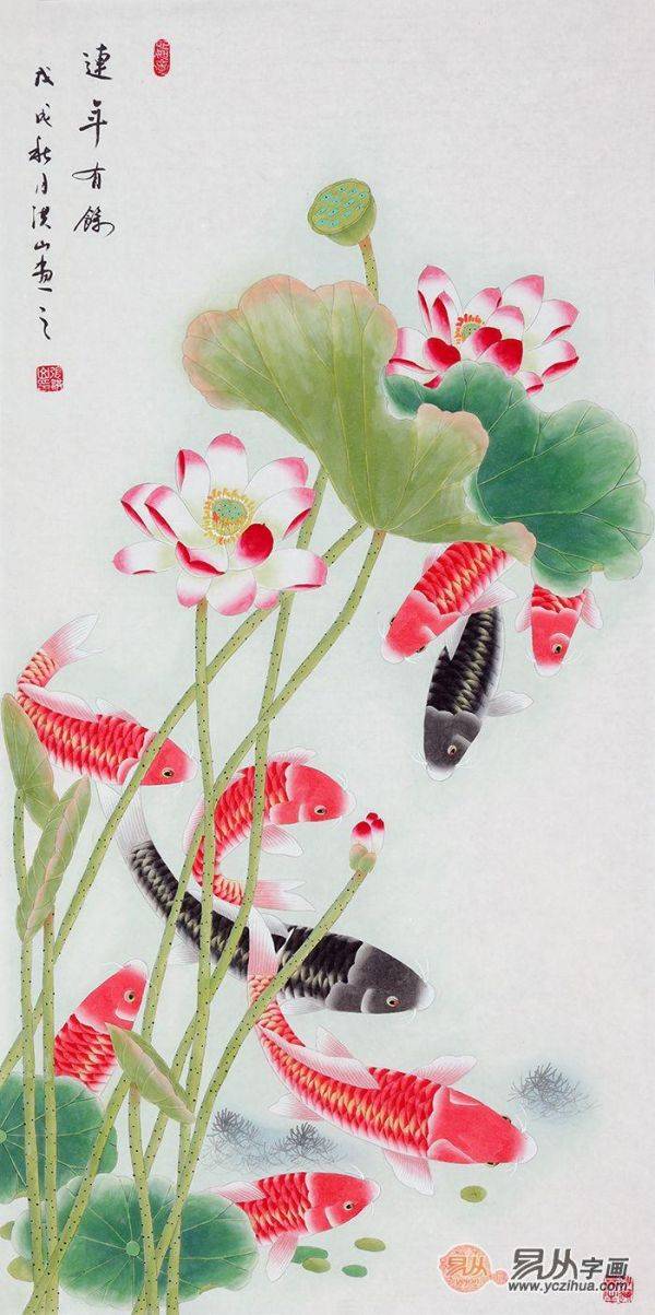 當(dāng)代擅畫九魚圖的畫家，張洪山工筆荷花九魚圖作品大全