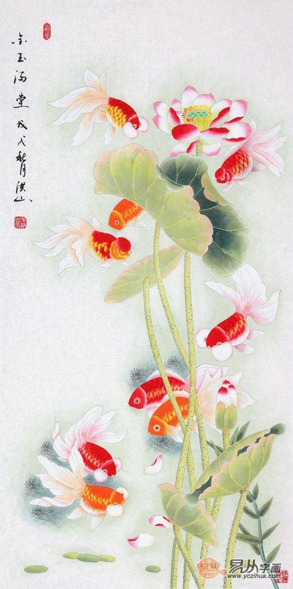 當(dāng)代擅畫九魚圖的畫家，張洪山工筆荷花九魚圖作品大全