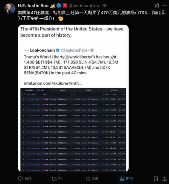 孫宇晨創(chuàng)始項目波場TRON獲特朗普家族加密項目投資470萬美元